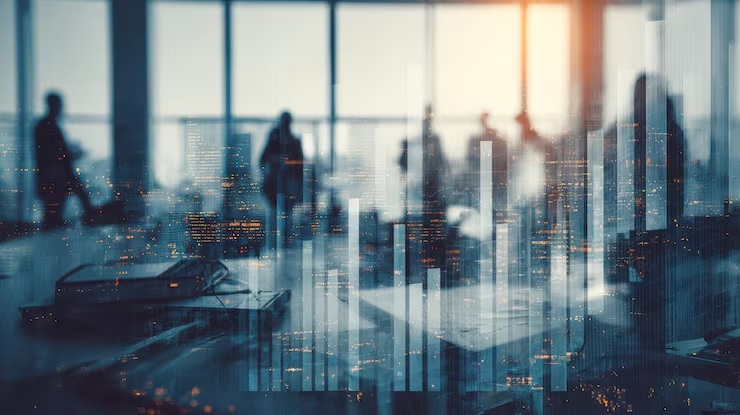 High-rise office silhouettes overlaid with glowing bar charts