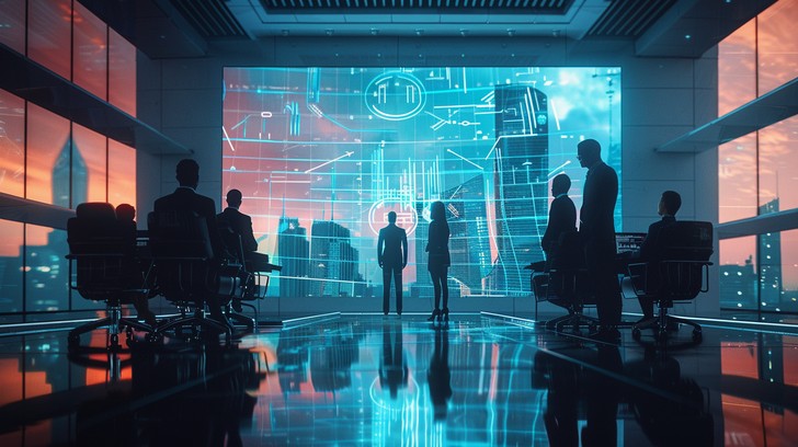 Executives in a glass boardroom facing a holographic city data wall at dusk